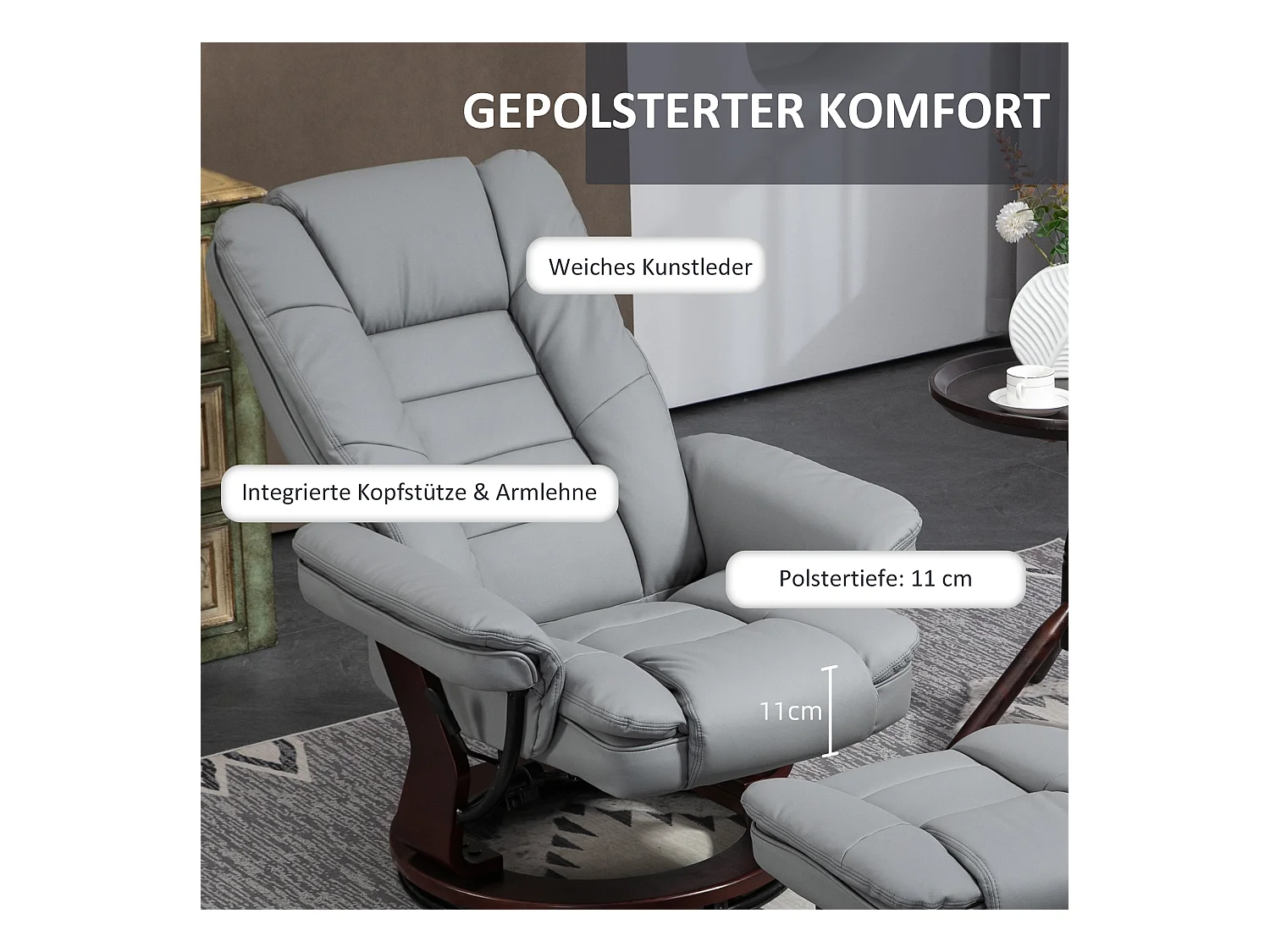 Fauteuil pivotant avec repose-pieds, simili cuir, gris (85x82x106 cm)