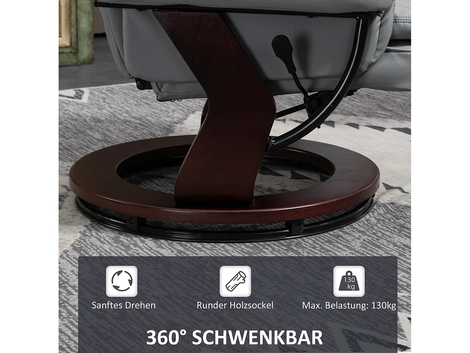 Poltrona reclinabile girevole con poggiapiedi, similpelle, grigia (85x82x106 cm)