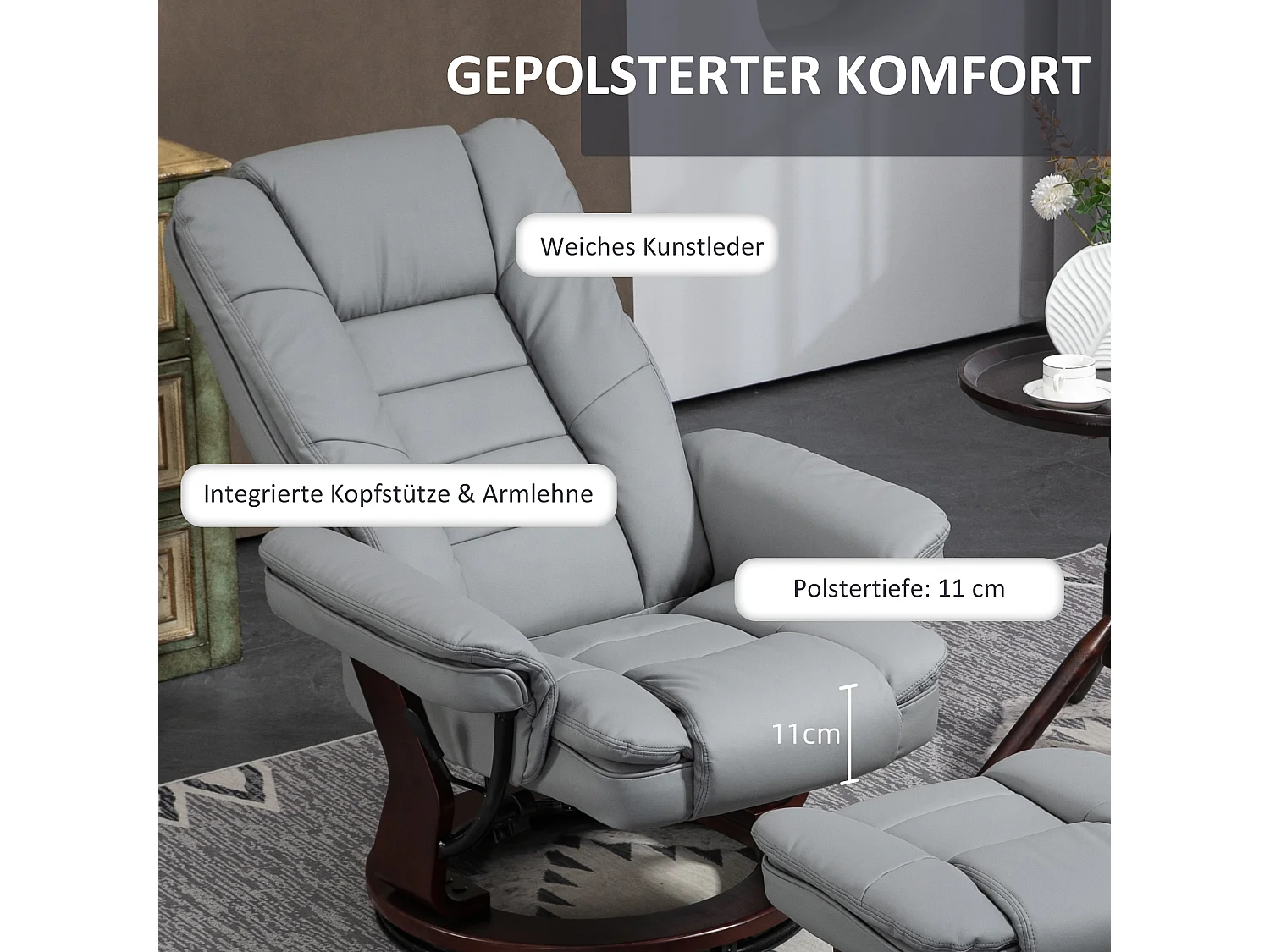 Poltrona reclinabile girevole con poggiapiedi, similpelle, grigia (85x82x106 cm)