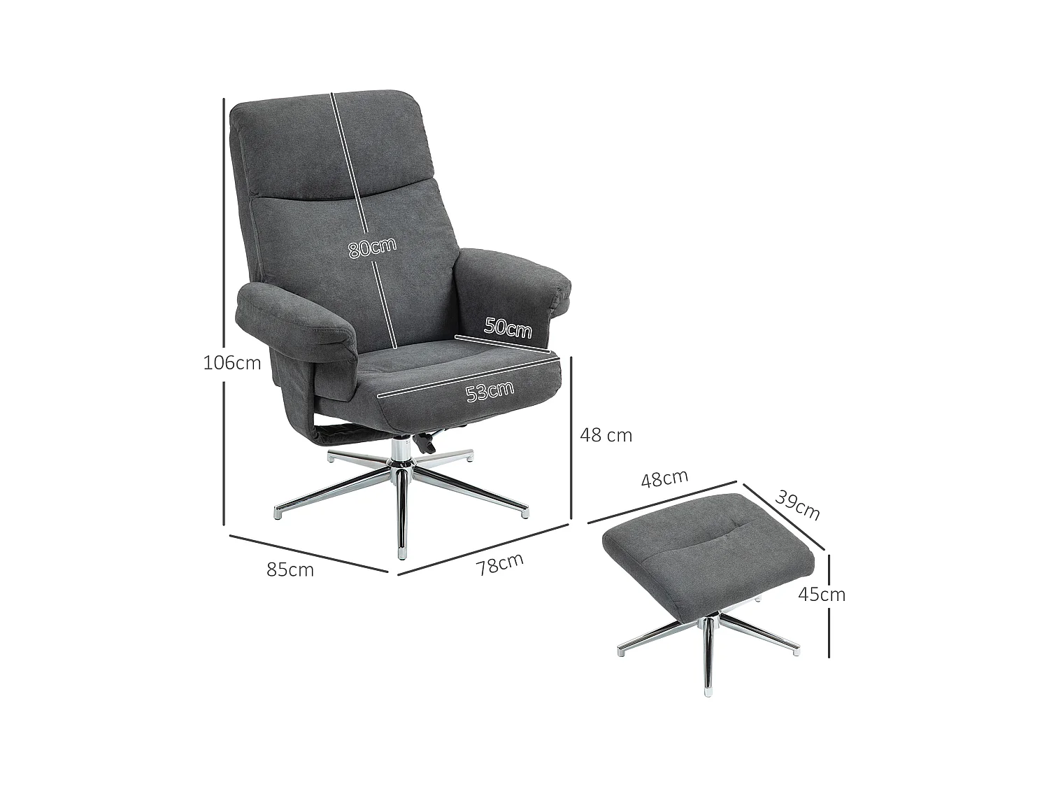 Relaxfauteuil met voetenbank, 130° relaxfunctie, fluwelen stof, tot 150 kg, donkergrijs (78x85x106 cm)