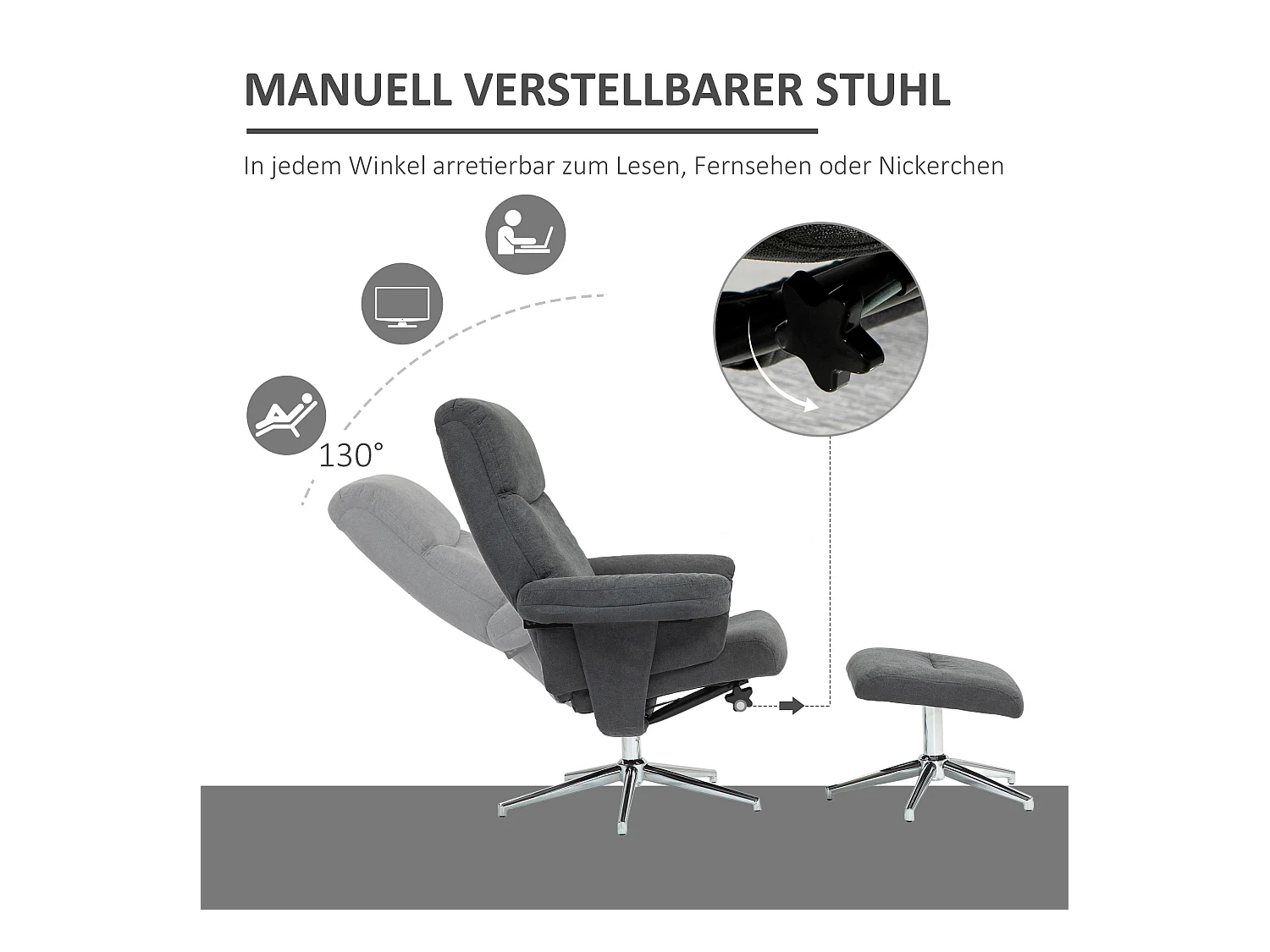 Relaxfauteuil met voetenbank, 130° relaxfunctie, fluwelen stof, tot 150 kg, donkergrijs (78x85x106 cm)