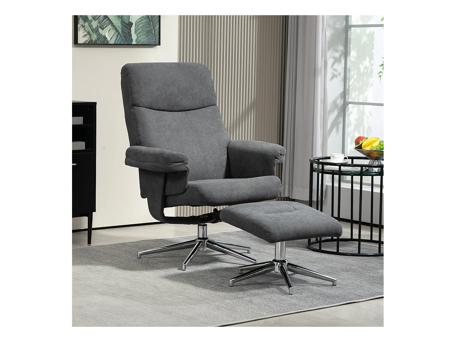 Fauteuil avec repose-pieds, fonction inclinable à 130°, tissu en velours, jusqu'à 150 kg, gris foncé (78x85x106 cm)