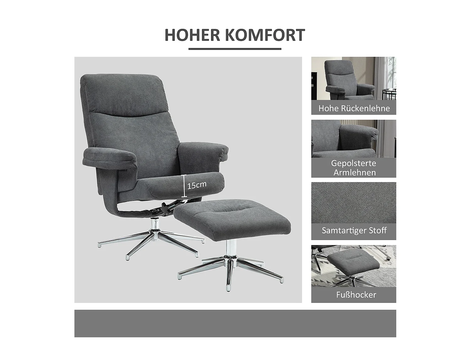 Fauteuil avec repose-pieds, fonction inclinable à 130°, tissu en velours, jusqu'à 150 kg, gris foncé (78x85x106 cm)