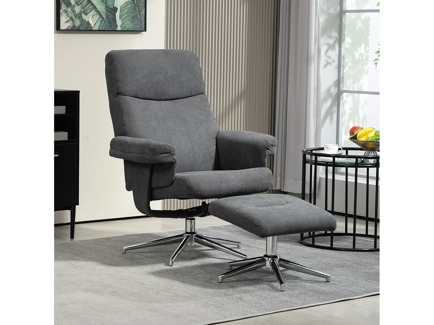 Fauteuil avec repose-pieds, fonction inclinable à 130°, tissu en velours, jusqu'à 150 kg, gris foncé (78x85x106 cm)