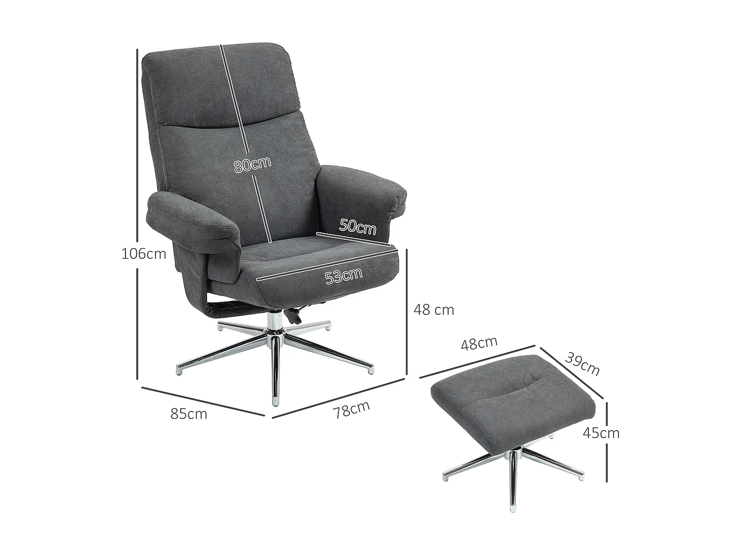 Fauteuil avec repose-pieds, fonction inclinable à 130°, tissu en velours, jusqu'à 150 kg, gris foncé (78x85x106 cm)