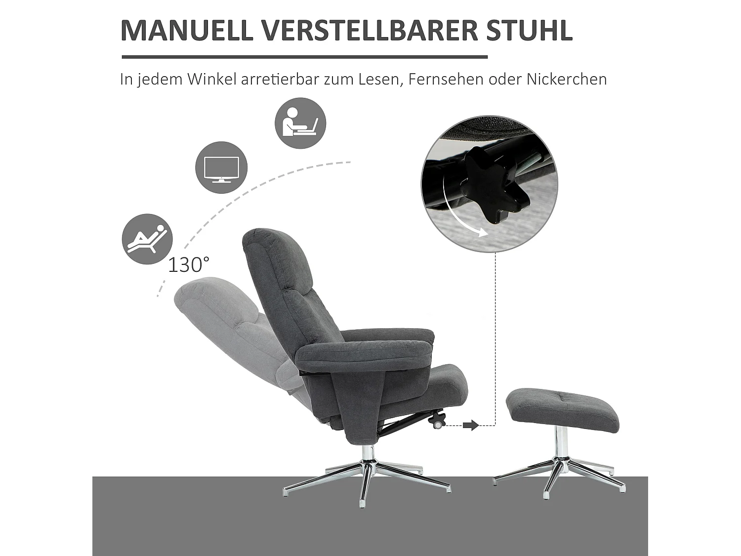 Fauteuil avec repose-pieds, fonction inclinable à 130°, tissu en velours, jusqu'à 150 kg, gris foncé (78x85x106 cm)