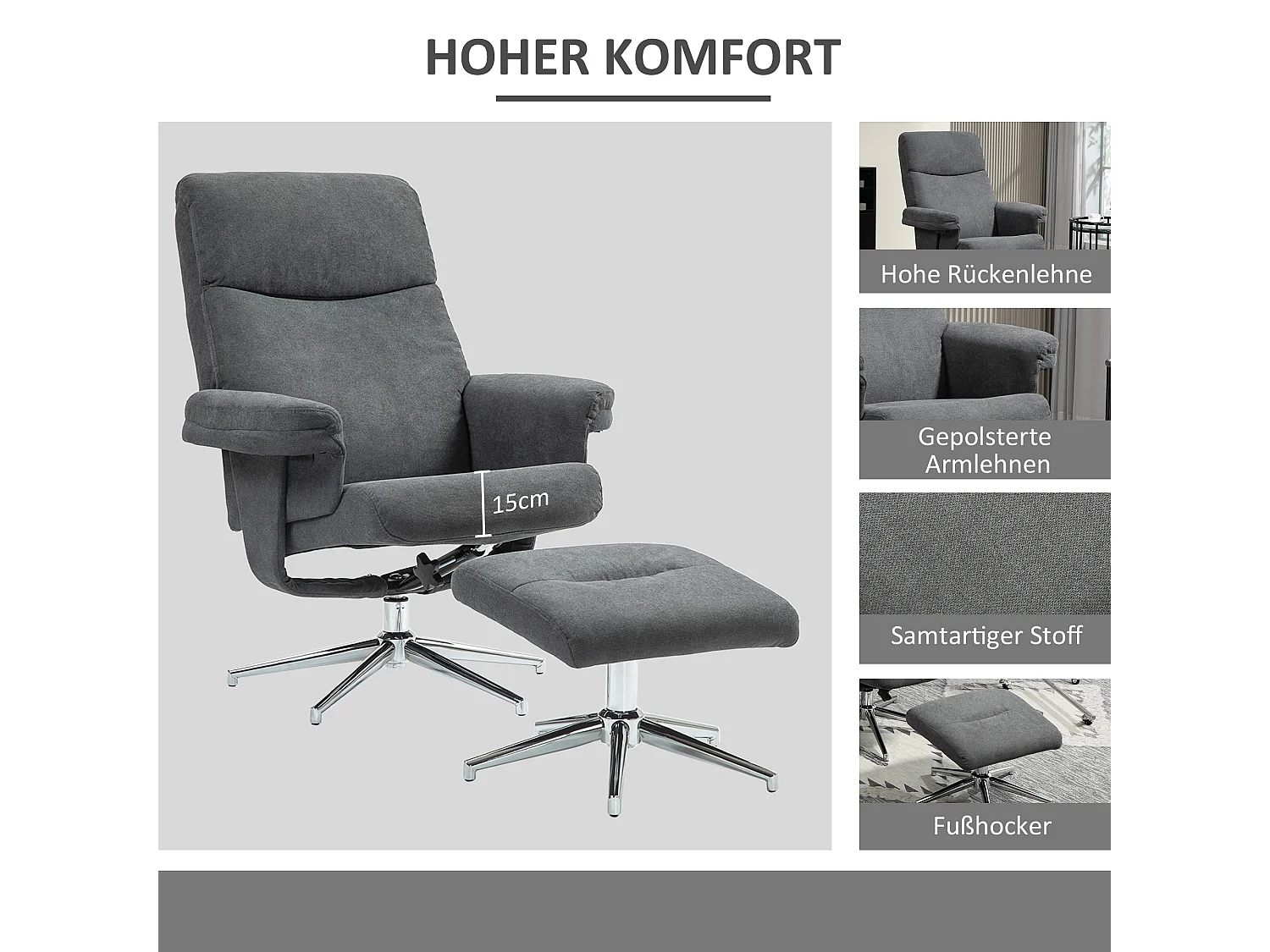 Fauteuil avec repose-pieds, fonction inclinable à 130°, tissu en velours, jusqu'à 150 kg, gris foncé (78x85x106 cm)