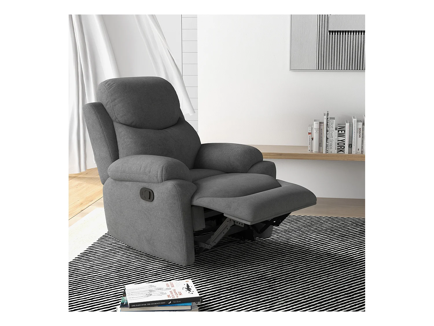 Relaxfauteuil met relaxfunctie, Linnen stof, Beukenhout, Grijs (93x88x102 cm)