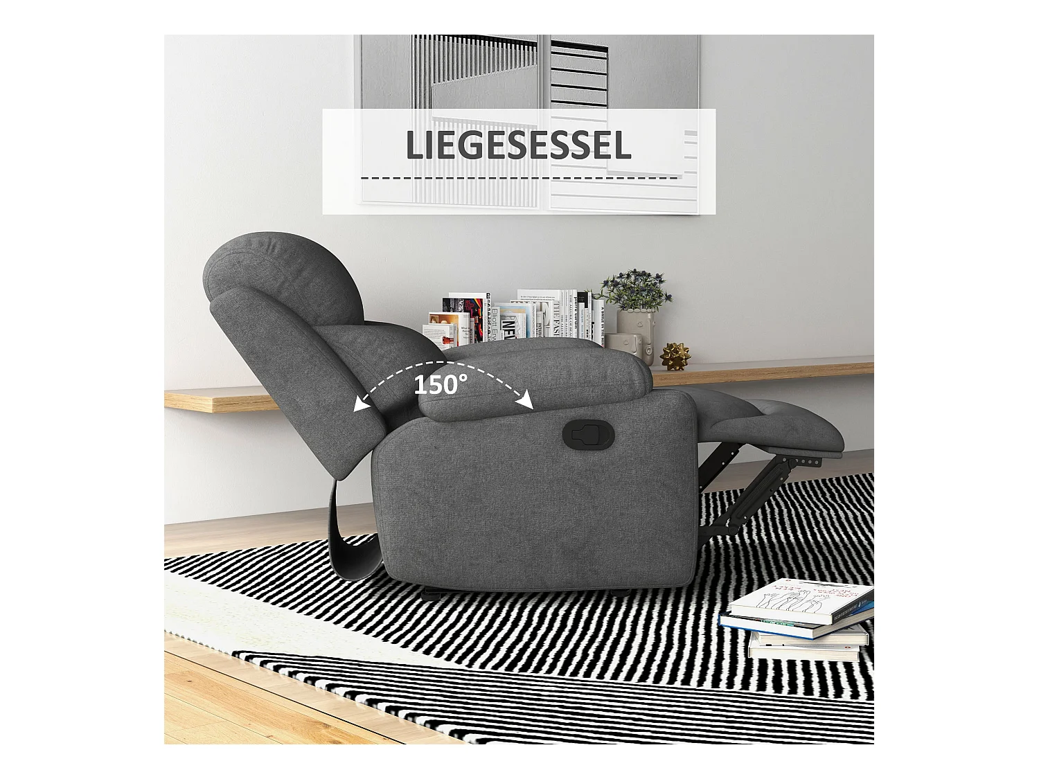 Relaxfauteuil met relaxfunctie, Linnen stof, Beukenhout, Grijs (93x88x102 cm)