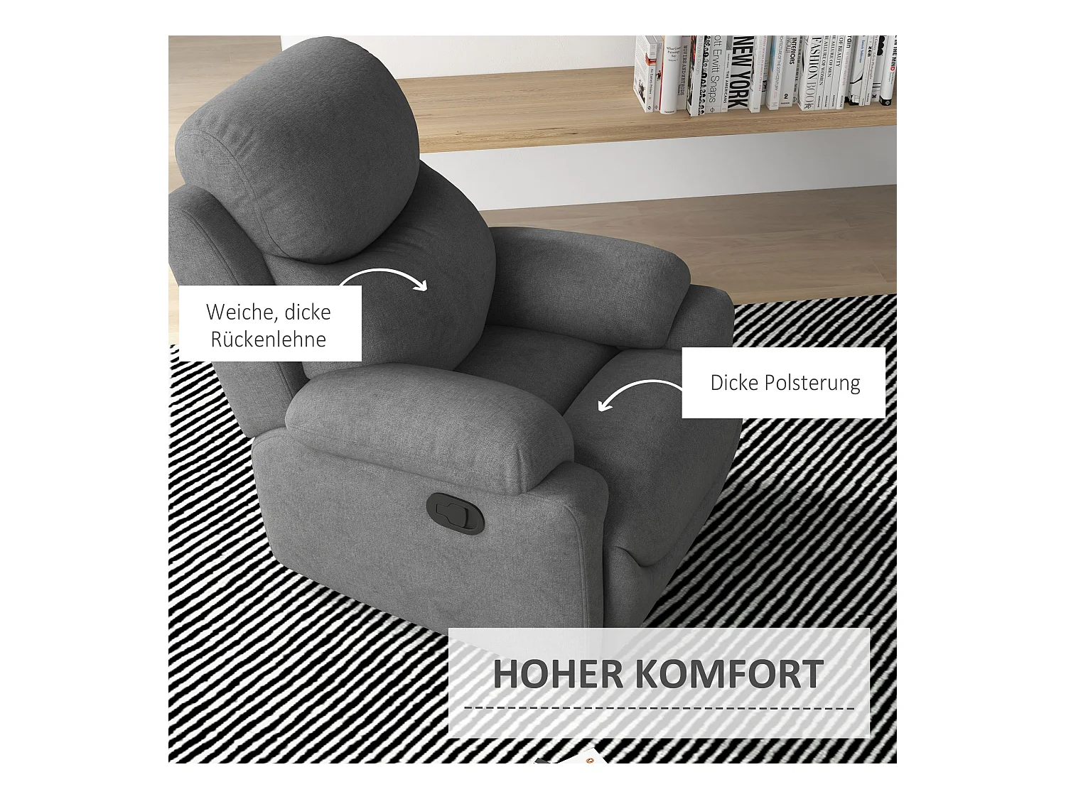 Relaxfauteuil met relaxfunctie, Linnen stof, Beukenhout, Grijs (93x88x102 cm)