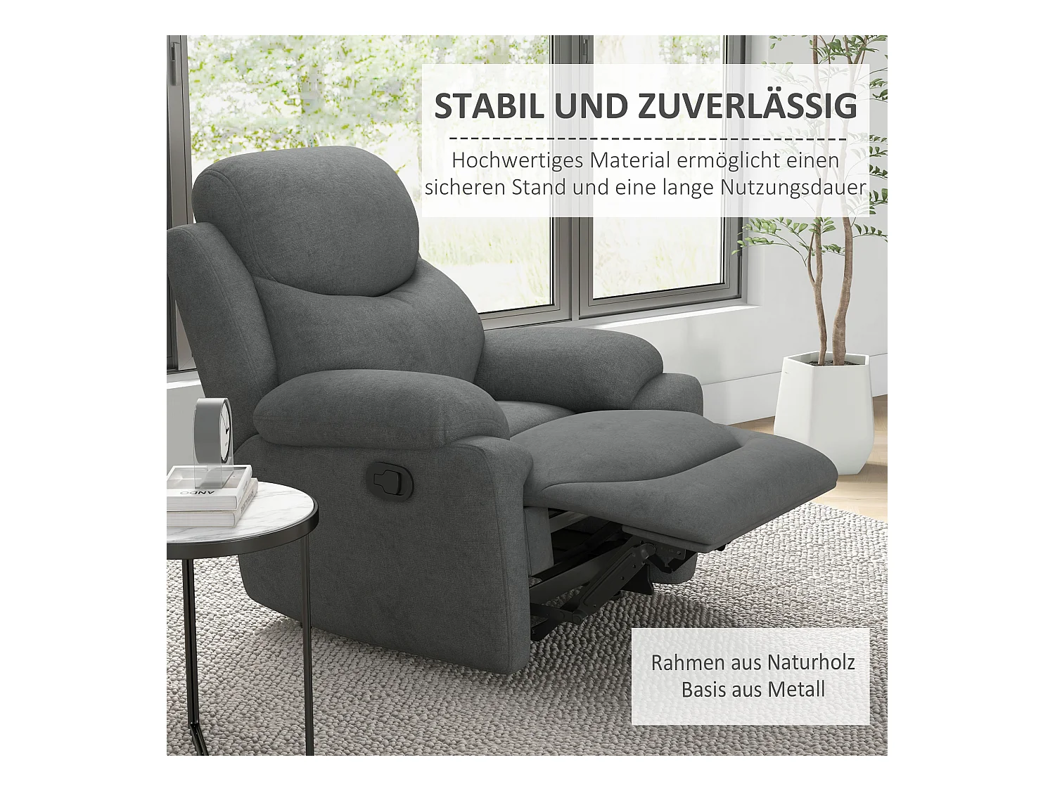 Fauteuil avec fonction inclinable, Tissu lin, Bois de hêtre, Gris (93x88x102 cm)