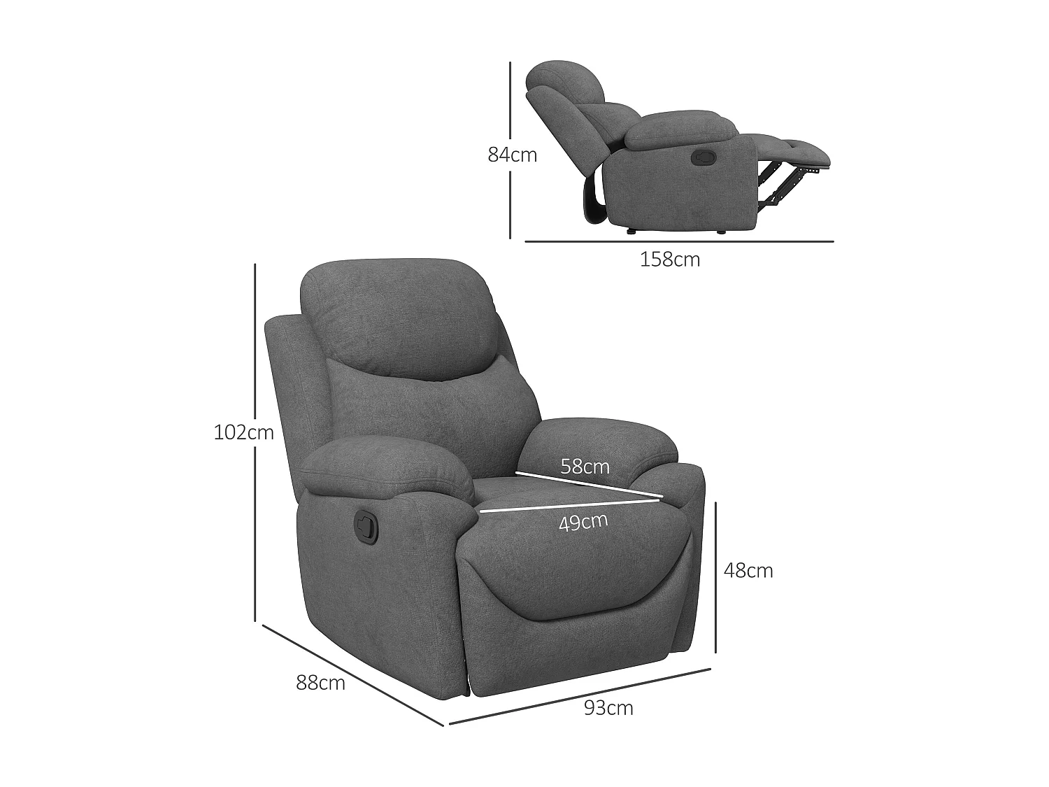 Relaxfauteuil met relaxfunctie, Linnen stof, Beukenhout, Grijs (93x88x102 cm)