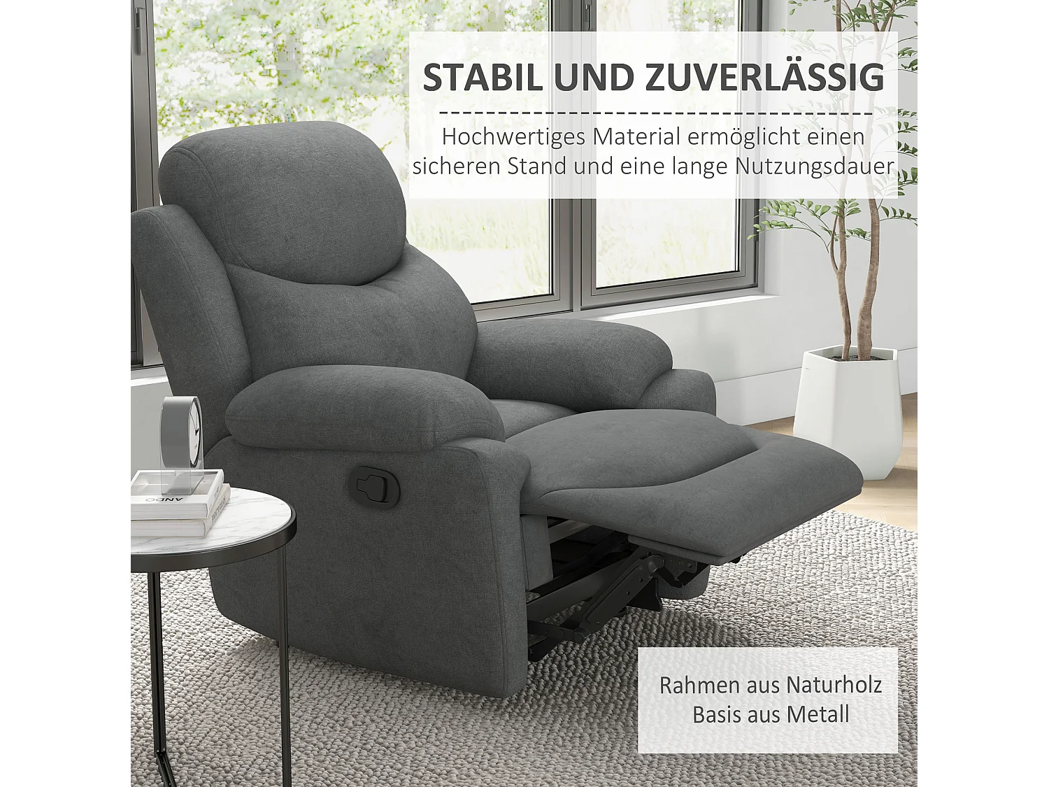 Relaxfauteuil met relaxfunctie, Linnen stof, Beukenhout, Grijs (93x88x102 cm)