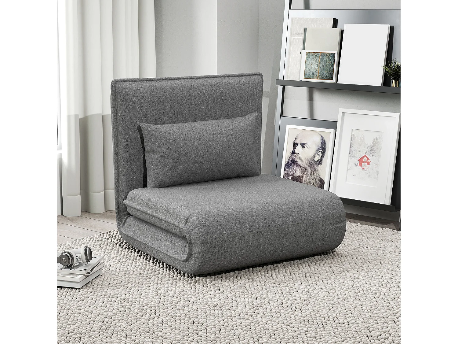 3-in-1 opvouwbare slaapbank, omvormbare fauteuil met verstelbare rugleuning, polyesterstof, donkergrijs (75x81x68 cm)