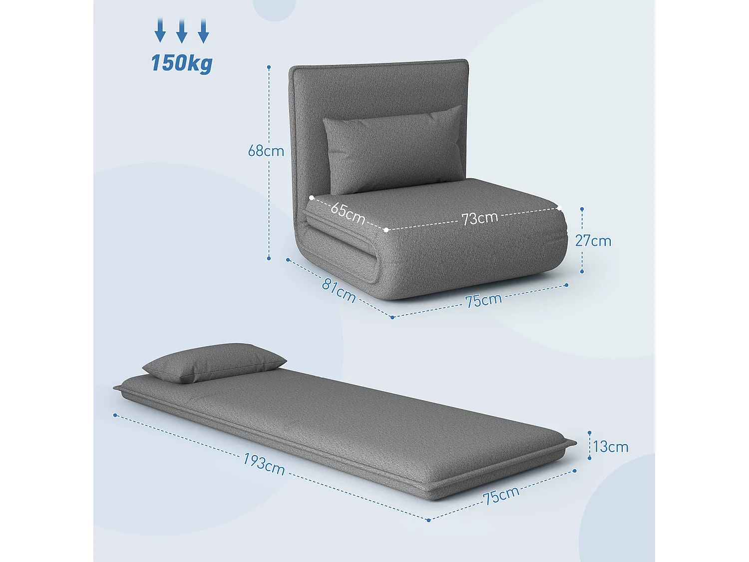 3-in-1 opvouwbare slaapbank, omvormbare fauteuil met verstelbare rugleuning, polyesterstof, donkergrijs (75x81x68 cm)