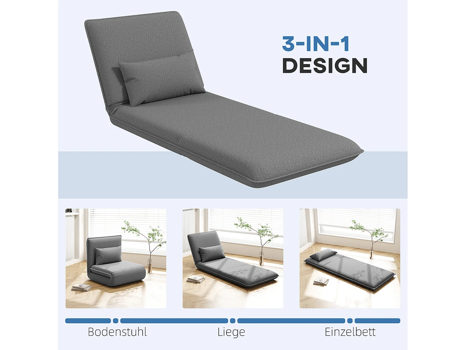 3-in-1 opvouwbare slaapbank, omvormbare fauteuil met verstelbare rugleuning, polyesterstof, donkergrijs (75x81x68 cm)