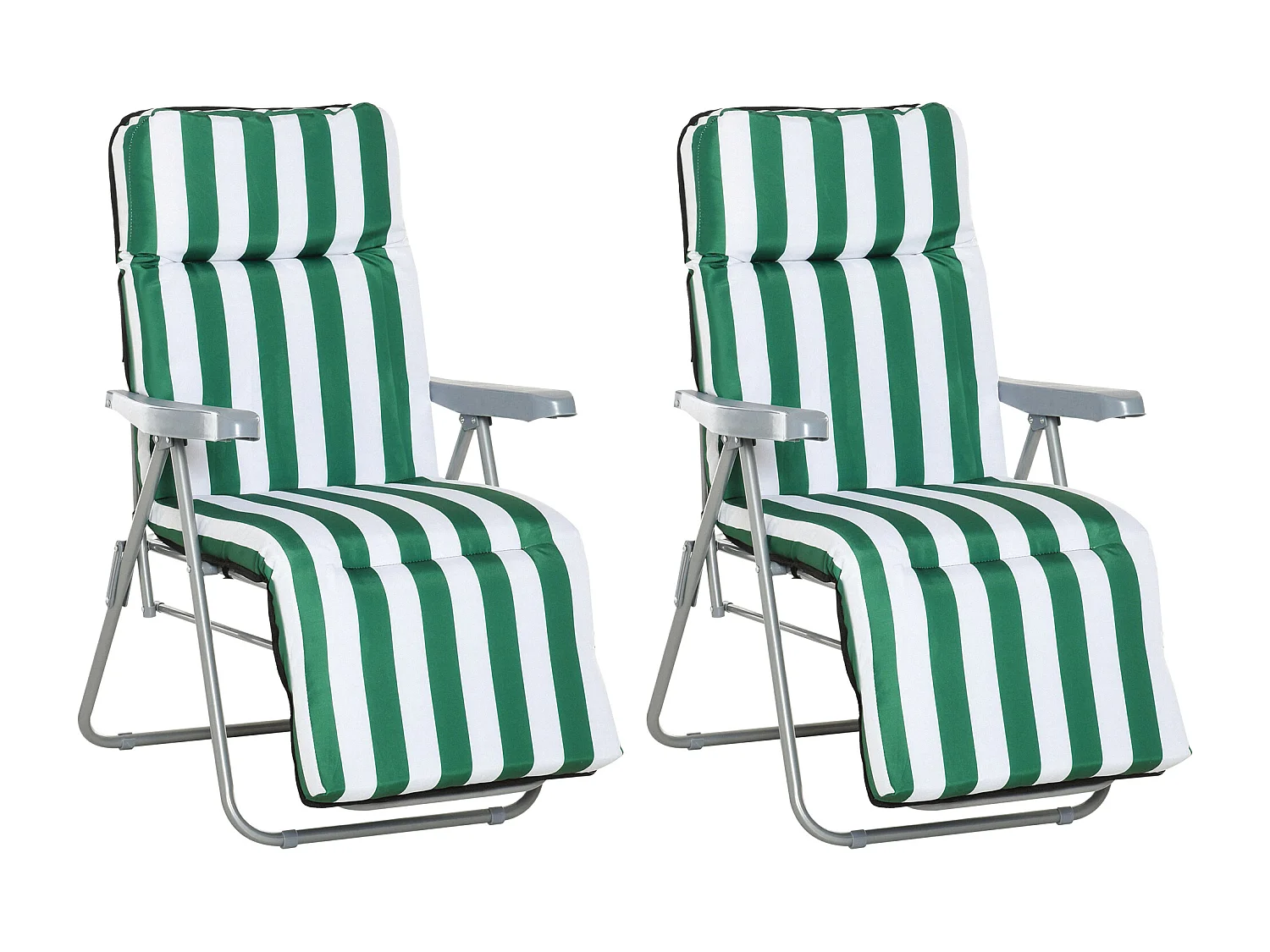 Chaise longue pliante avec accoudoirs, 5 positions réglables, acier, tissu vert et blanc (60x75x102cm)