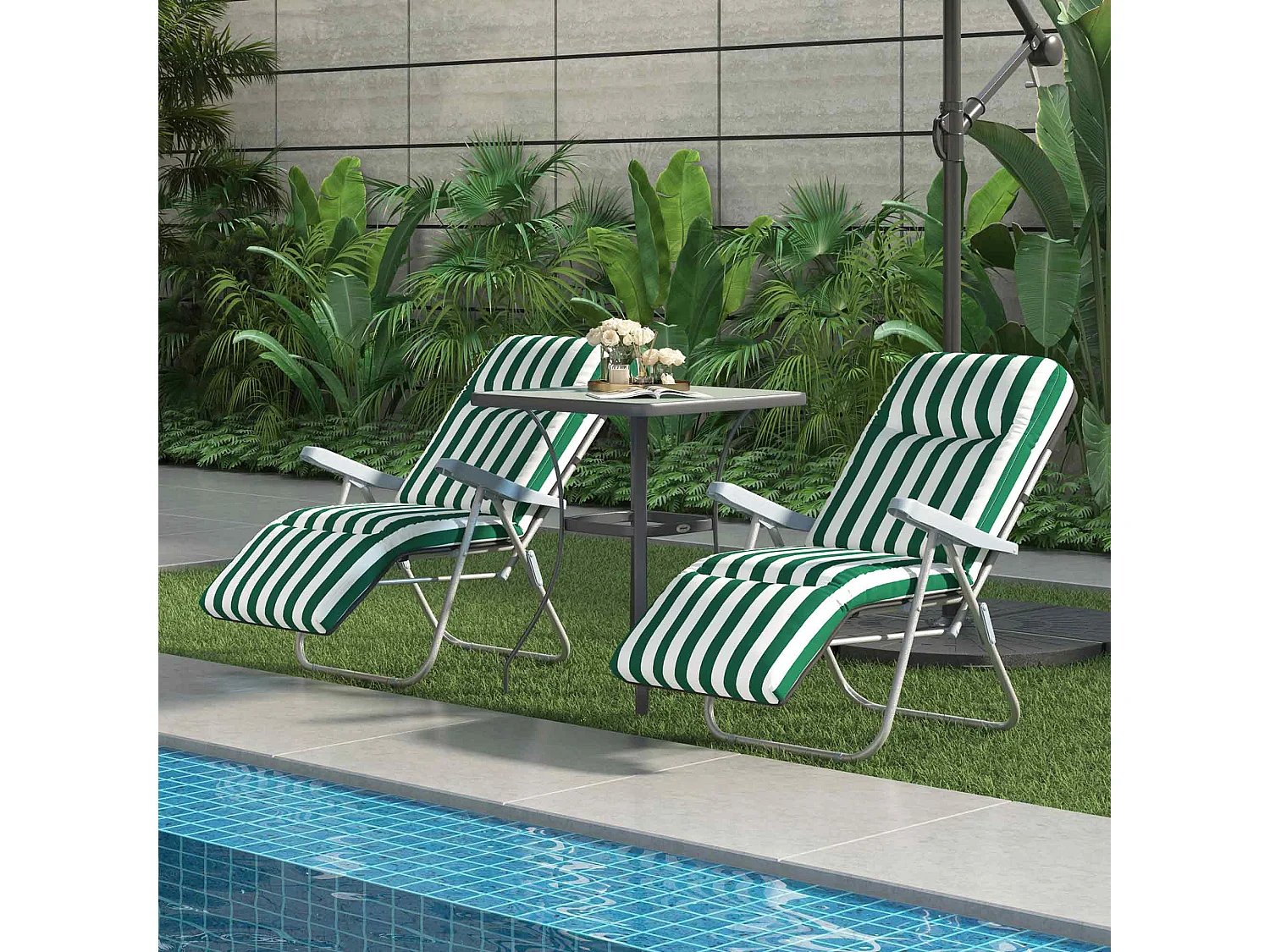 Chaise longue pliante avec accoudoirs, 5 positions réglables, acier, tissu vert et blanc (60x75x102cm)
