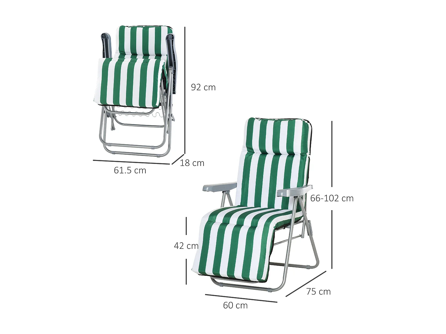 Chaise longue pliante avec accoudoirs, 5 positions réglables, acier, tissu vert et blanc (60x75x102cm)