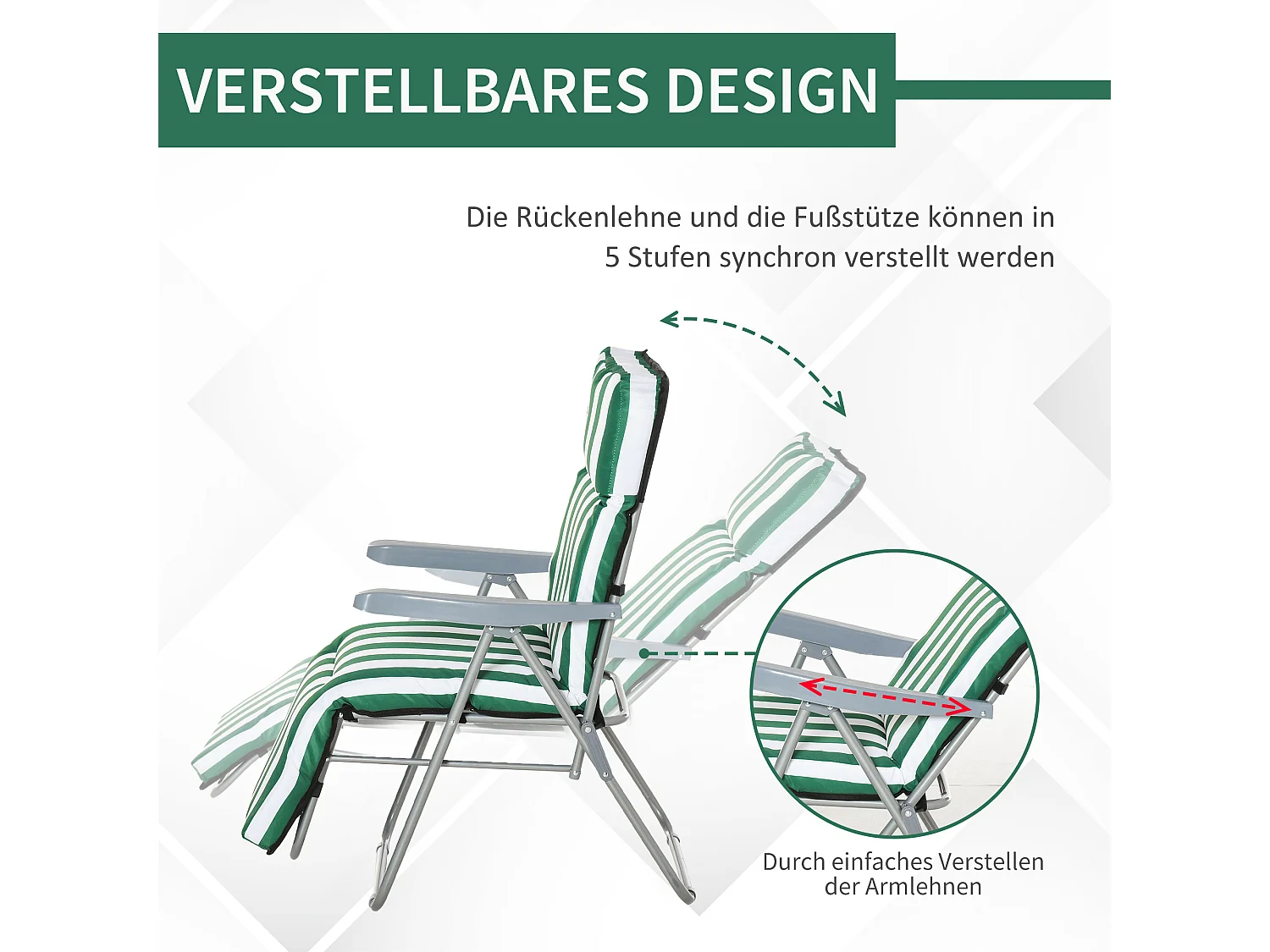 Chaise longue pliante avec accoudoirs, 5 positions réglables, acier, tissu vert et blanc (60x75x102cm)