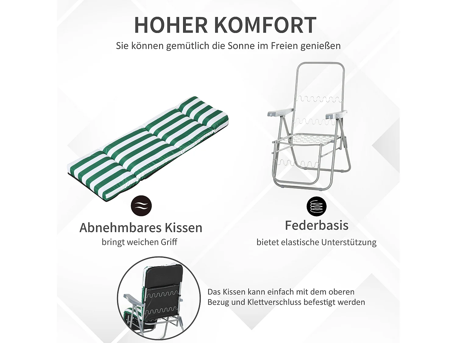 Chaise longue pliante avec accoudoirs, 5 positions réglables, acier, tissu vert et blanc (60x75x102cm)