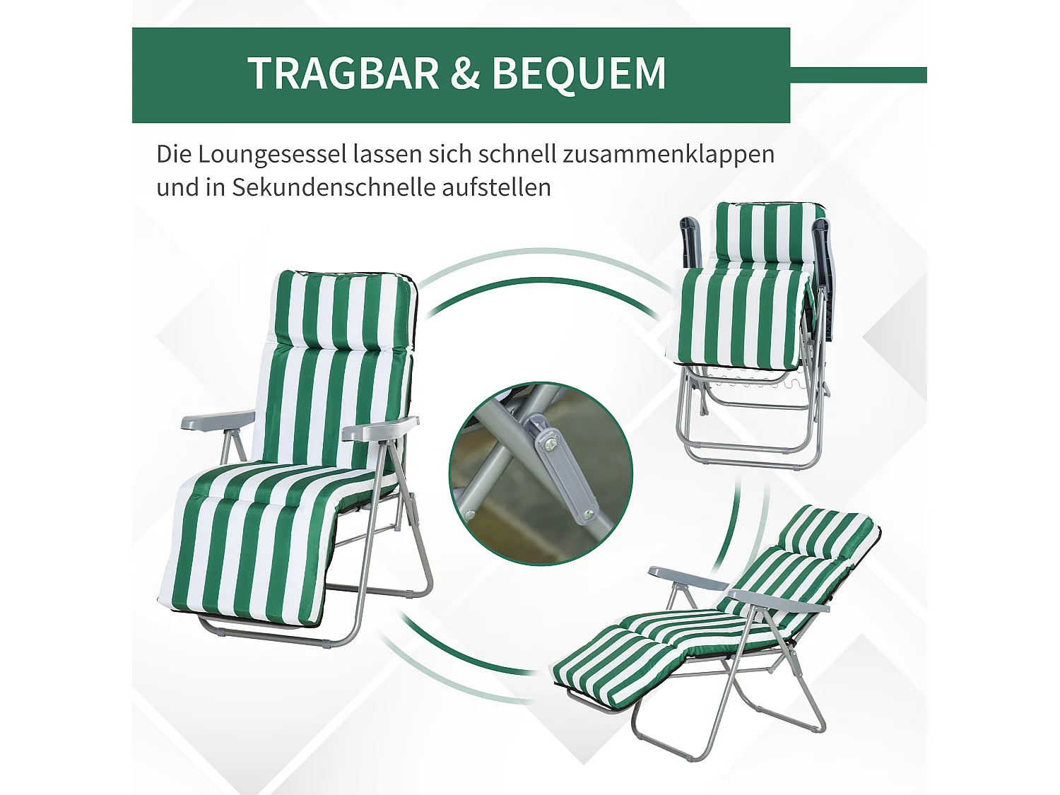 Chaise longue pliante avec accoudoirs, 5 positions réglables, acier, tissu vert et blanc (60x75x102cm)