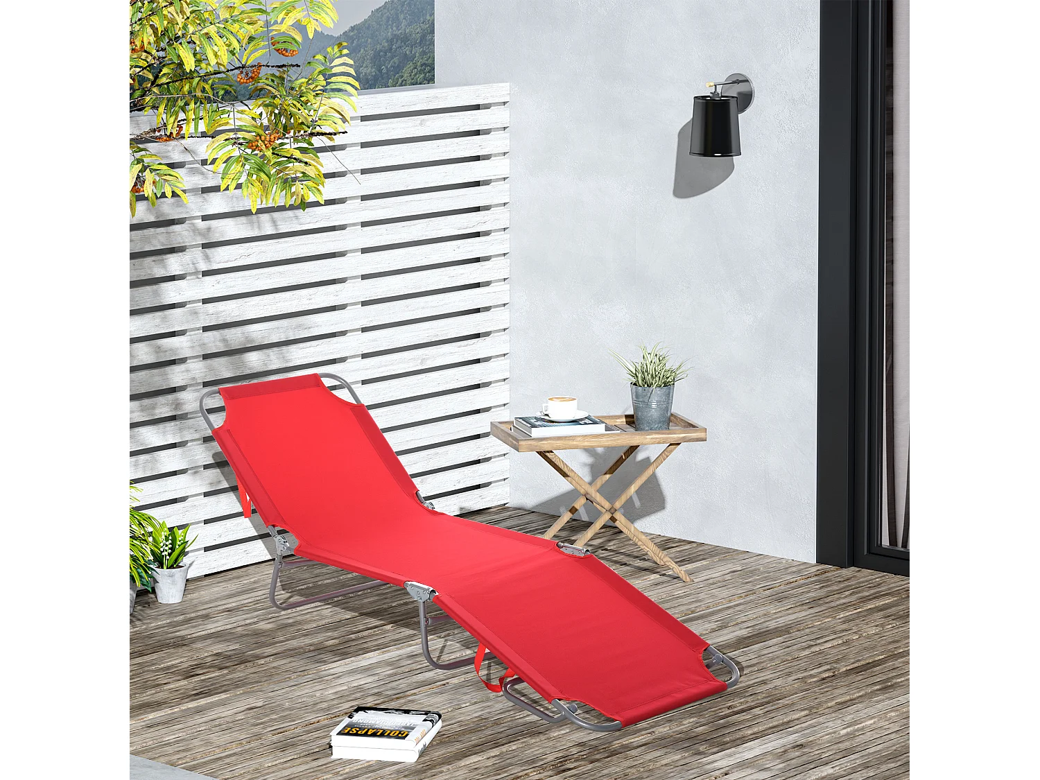 Chaise longue pliable avec dossier réglable, en métal et polyester, rouge (187x55x24 cm)