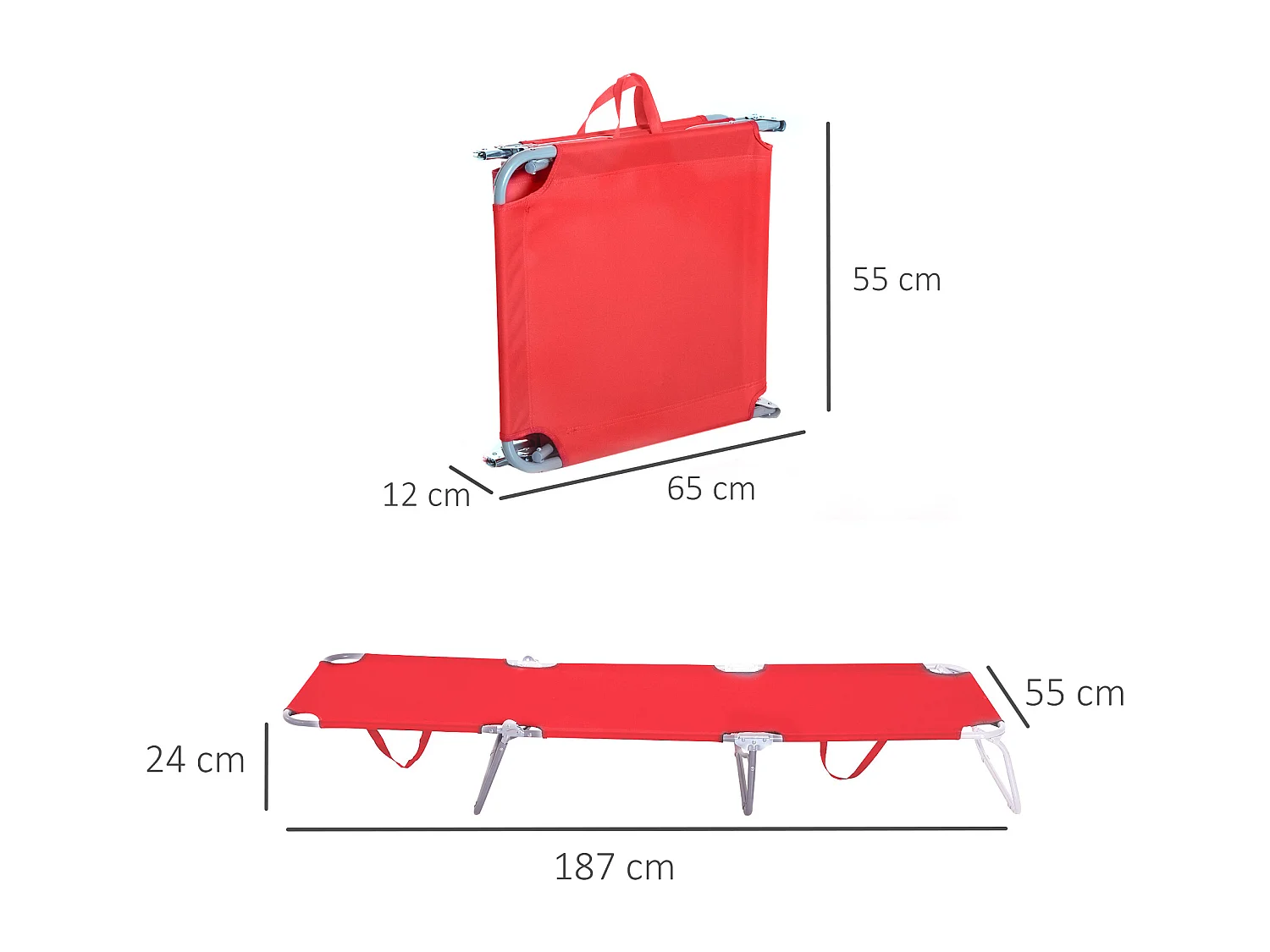 Chaise longue pliable avec dossier réglable, en métal et polyester, rouge (187x55x24 cm)