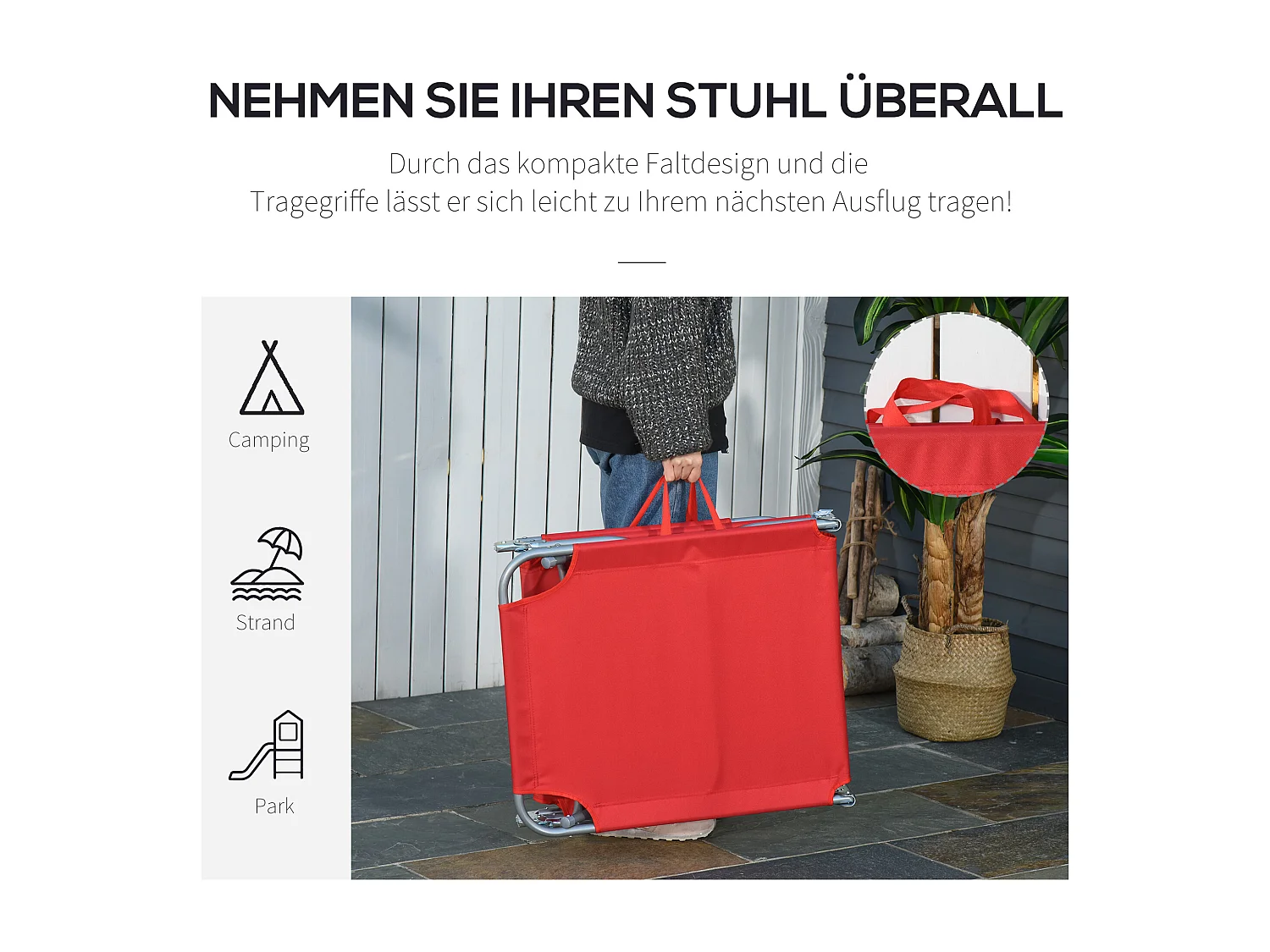 Chaise longue pliable avec dossier réglable, en métal et polyester, rouge (187x55x24 cm)