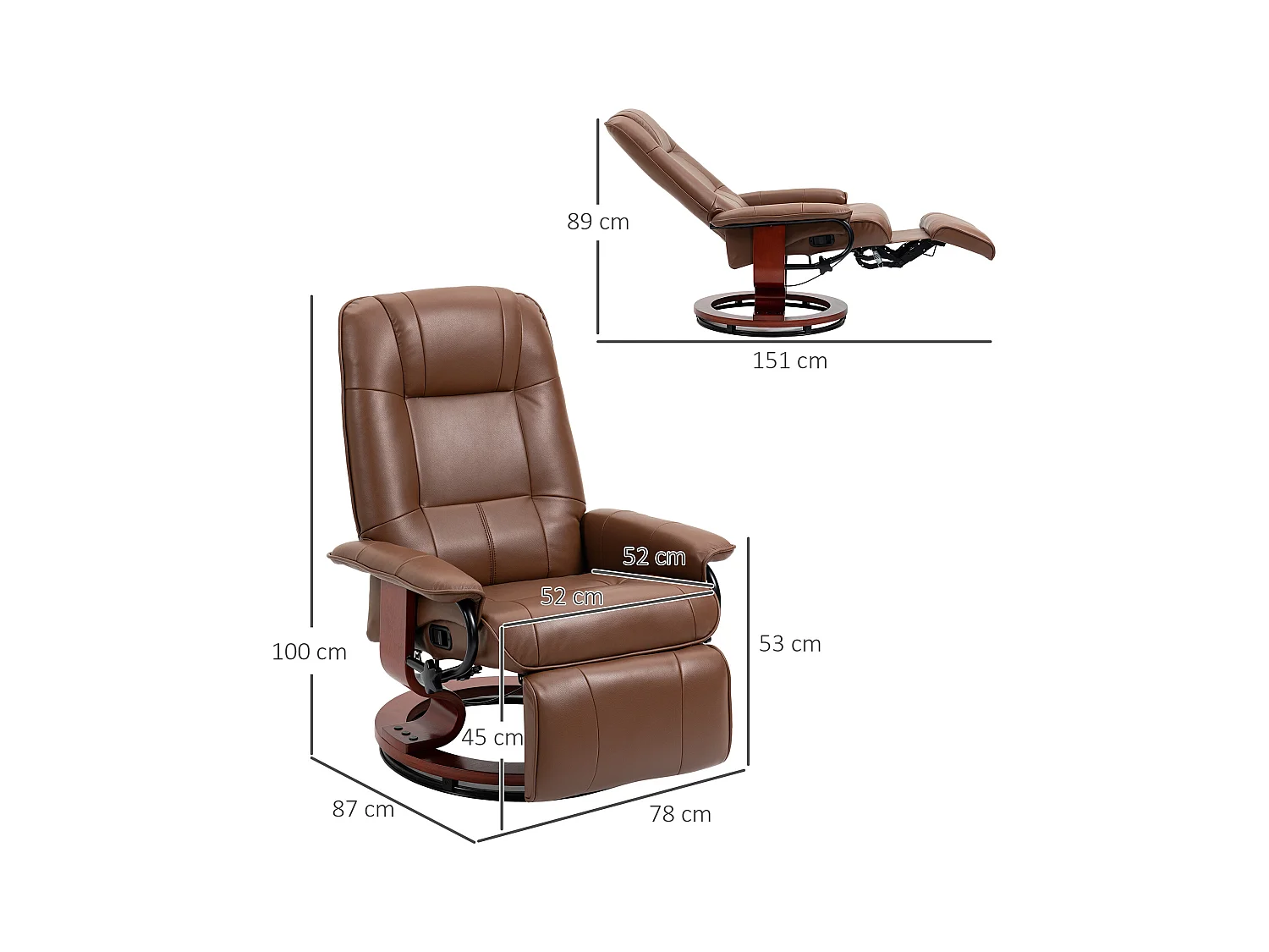 Fauteuil pivotant avec repose-pieds, fonction inclinable, en cuir synthétique, marron (78x87x100 cm)