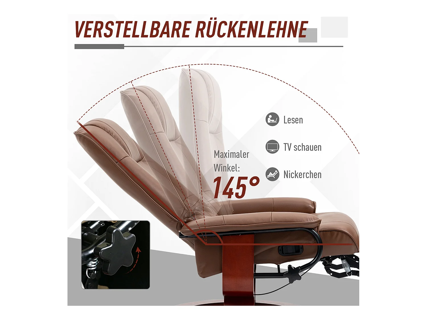 Fauteuil pivotant avec repose-pieds, fonction inclinable, en cuir synthétique, marron (78x87x100 cm)