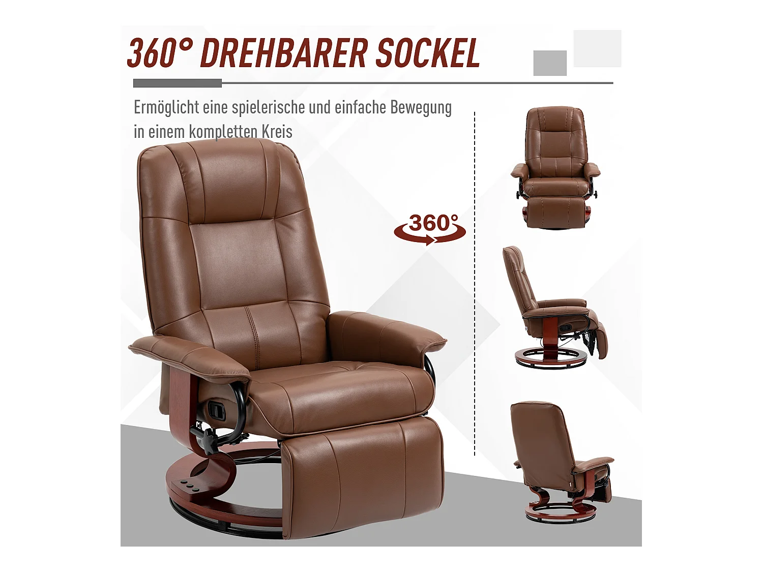 Fauteuil pivotant avec repose-pieds, fonction inclinable, en cuir synthétique, marron (78x87x100 cm)