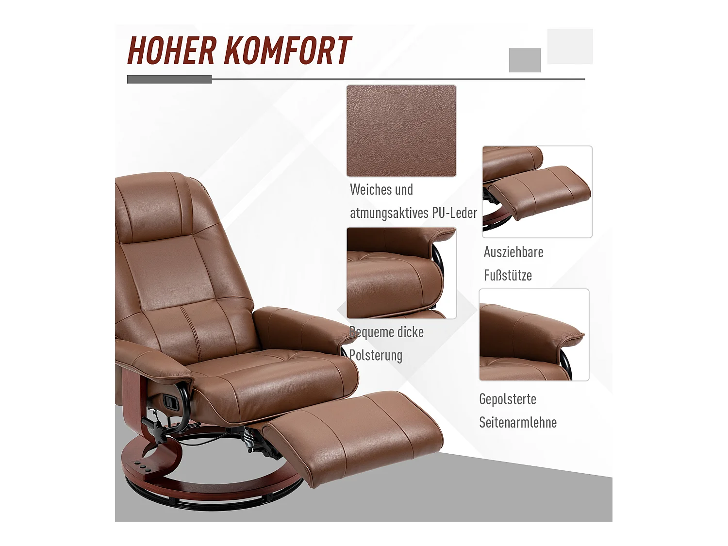 Fauteuil pivotant avec repose-pieds, fonction inclinable, en cuir synthétique, marron (78x87x100 cm)