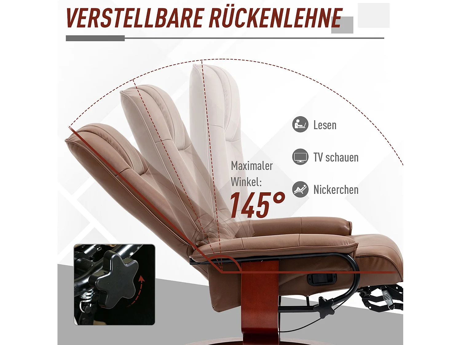 Fauteuil pivotant avec repose-pieds, fonction inclinable, en cuir synthétique, marron (78x87x100 cm)