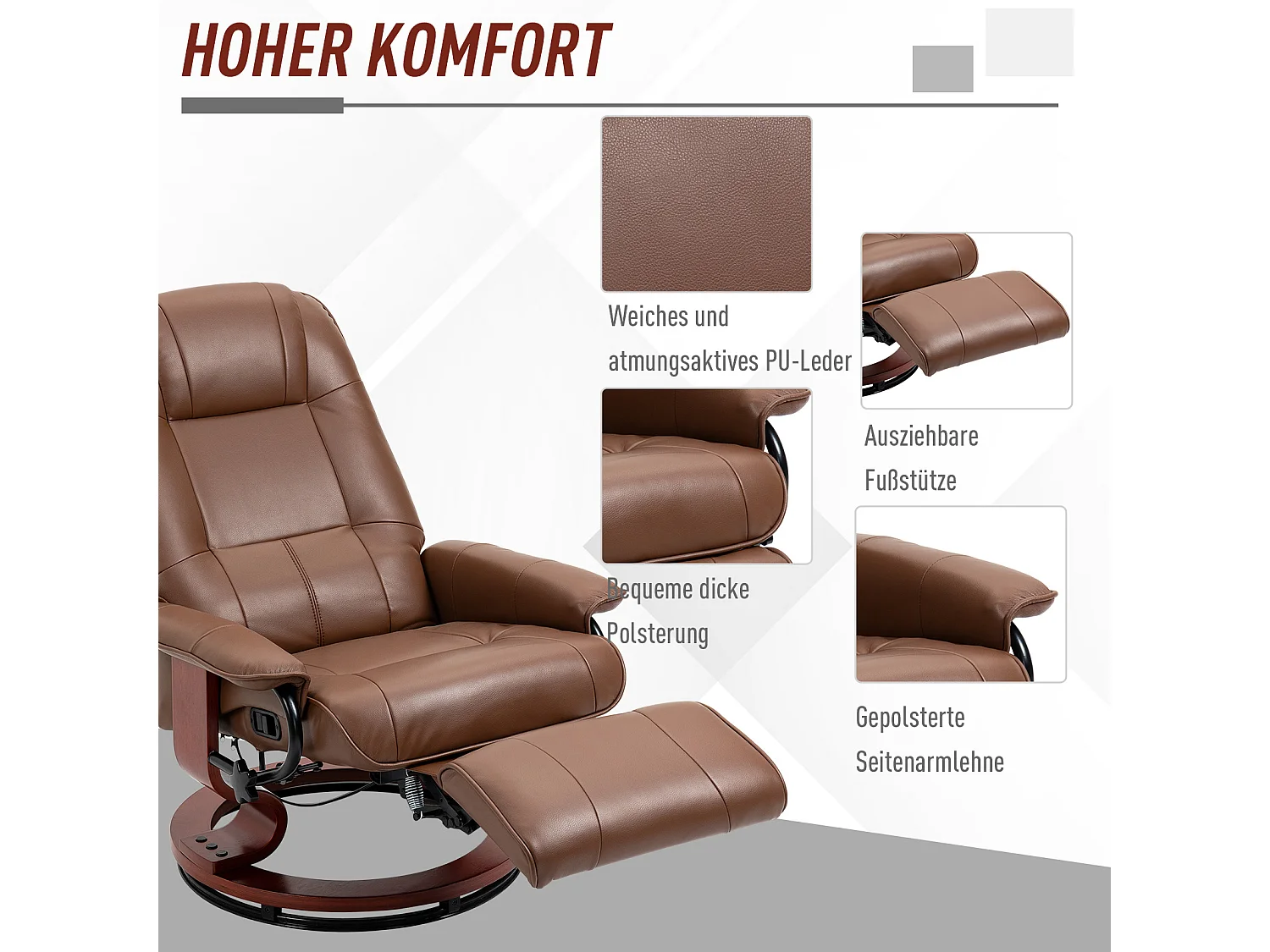 Fauteuil pivotant avec repose-pieds, fonction inclinable, en cuir synthétique, marron (78x87x100 cm)
