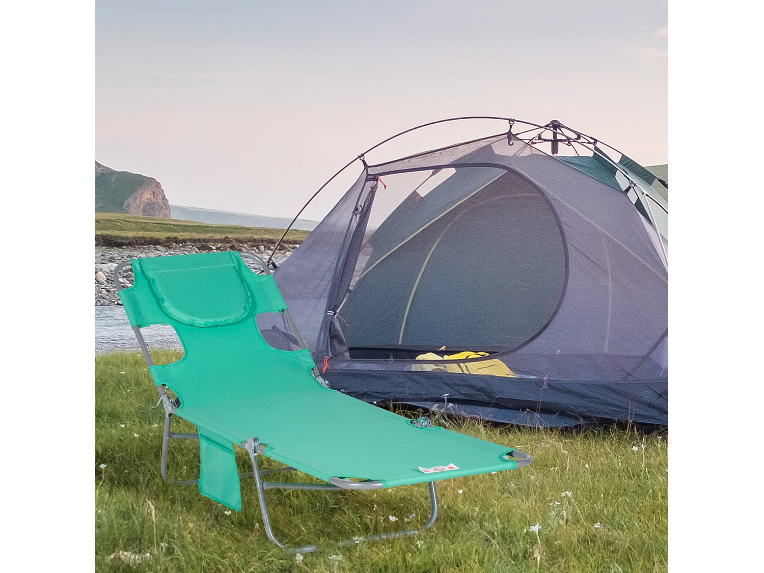 Chaise longue pliable avec appui-tête, dossier inclinable à 5 positions, métal et polyester, vert (185x55x29 cm)