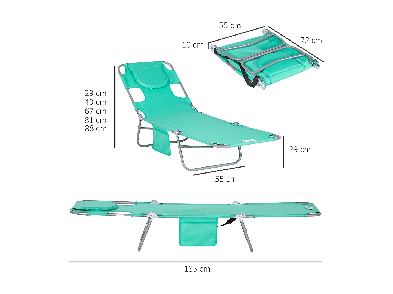 Chaise longue pliable avec appui-tête, dossier inclinable à 5 positions, métal et polyester, vert (185x55x29 cm)