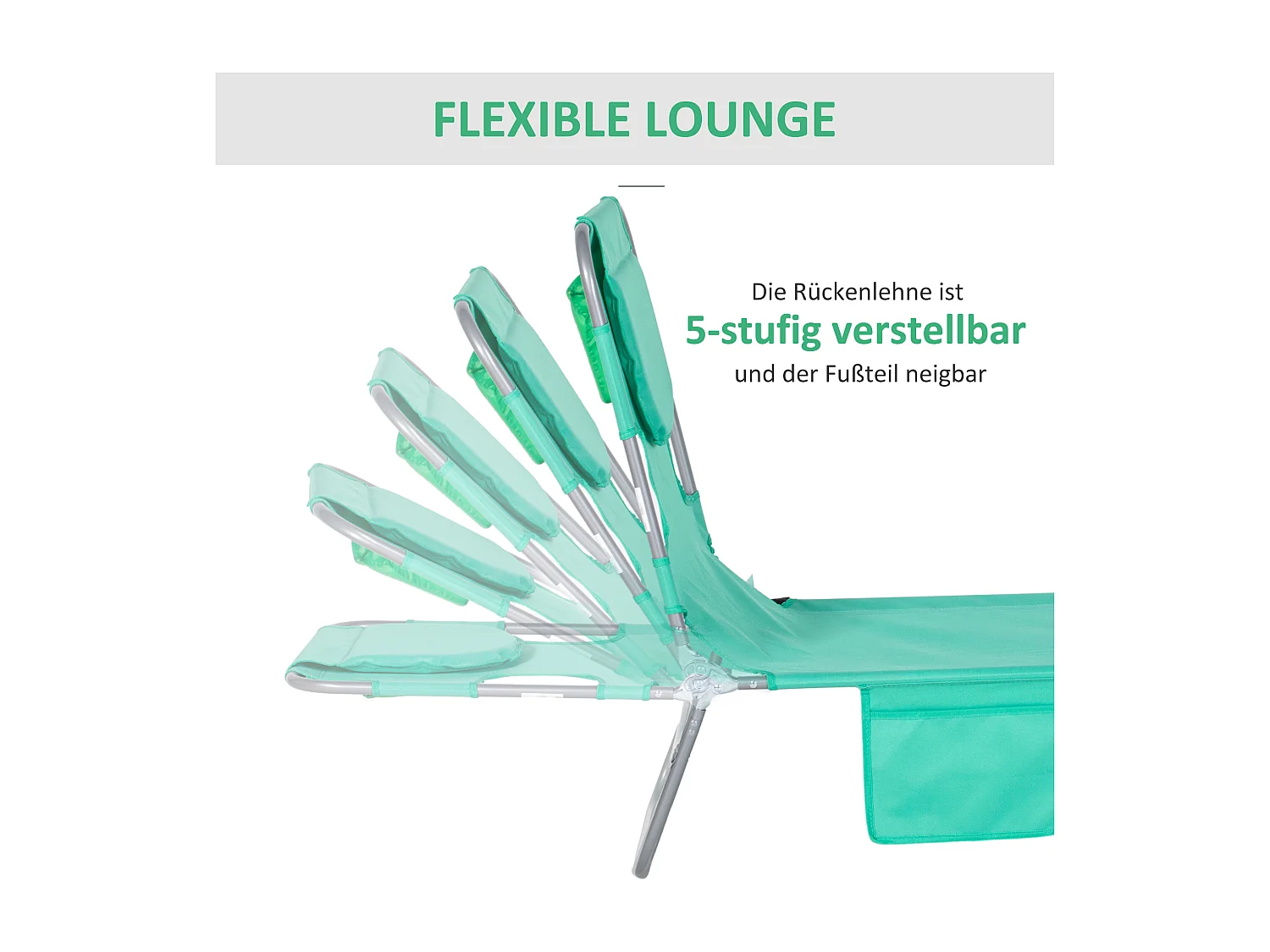 Chaise longue pliable avec appui-tête, dossier inclinable à 5 positions, métal et polyester, vert (185x55x29 cm)