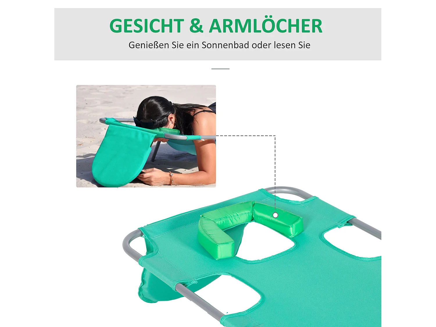 Chaise longue pliable avec appui-tête, dossier inclinable à 5 positions, métal et polyester, vert (185x55x29 cm)