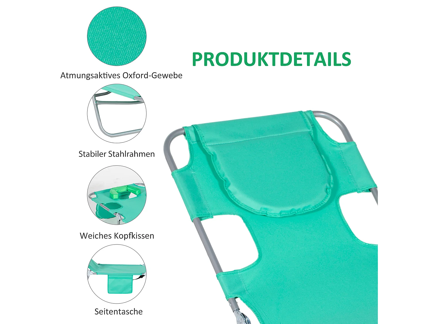 Chaise longue pliable avec appui-tête, dossier inclinable à 5 positions, métal et polyester, vert (185x55x29 cm)