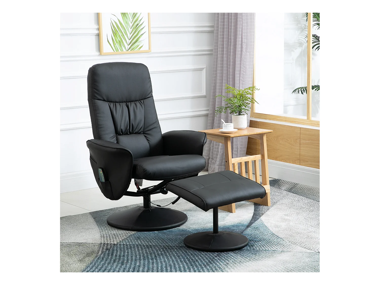 Relaxzetel met voetenbank, massagezetel 10 vibratiepunten, 360° draaibaar, zwart imitatieleer (76x81x105 cm)