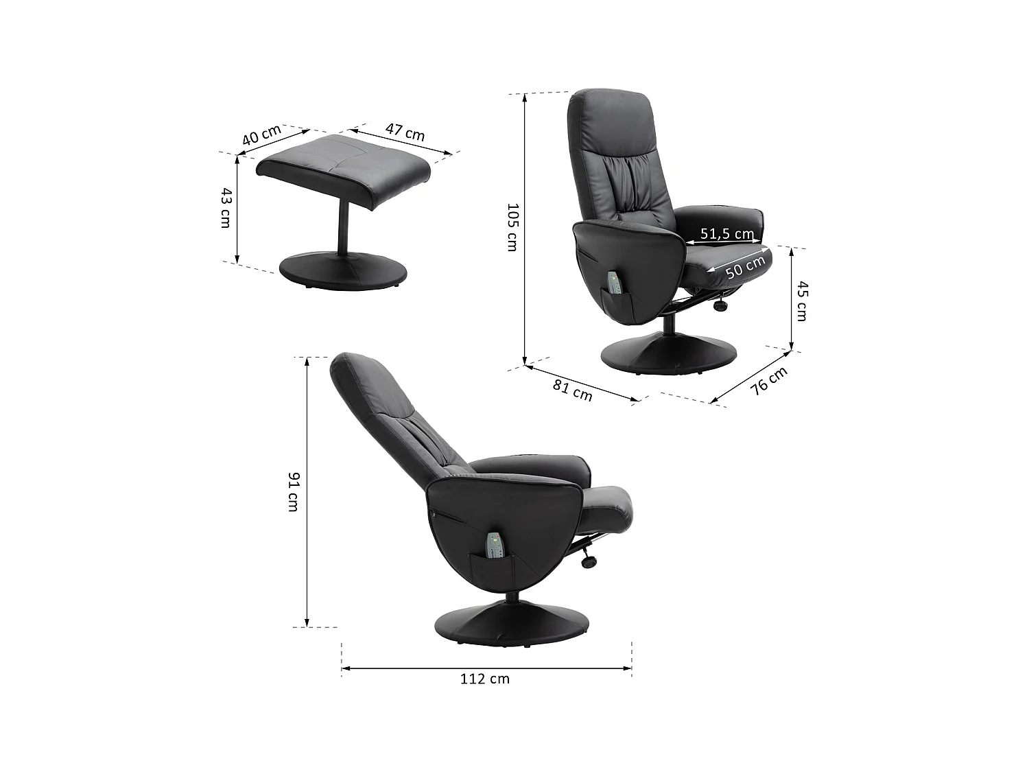 Relaxzetel met voetenbank, massagezetel 10 vibratiepunten, 360° draaibaar, zwart imitatieleer (76x81x105 cm)