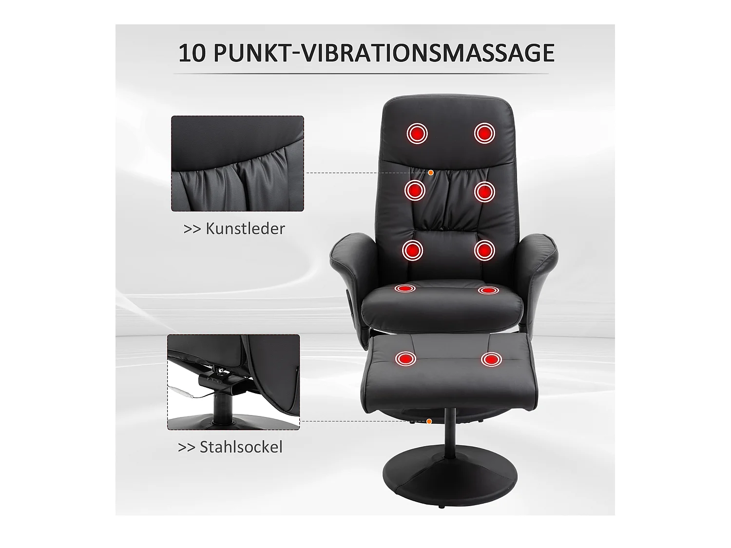 Relaxzetel met voetenbank, massagezetel 10 vibratiepunten, 360° draaibaar, zwart imitatieleer (76x81x105 cm)