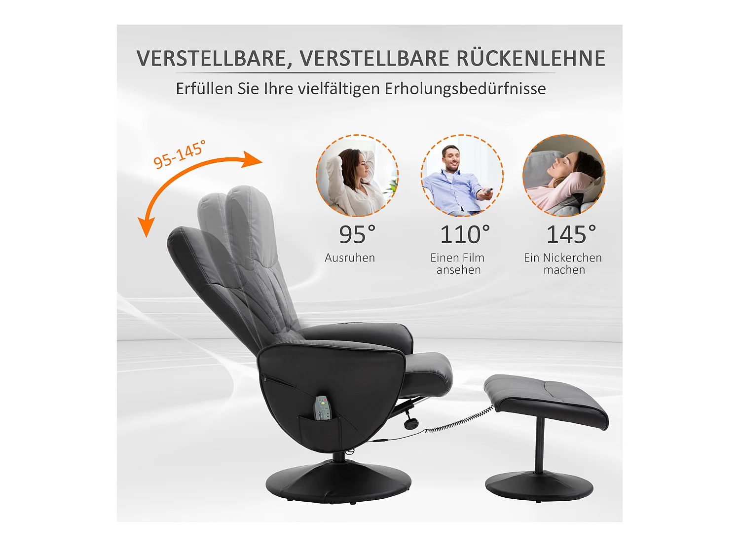 Relaxzetel met voetenbank, massagezetel 10 vibratiepunten, 360° draaibaar, zwart imitatieleer (76x81x105 cm)