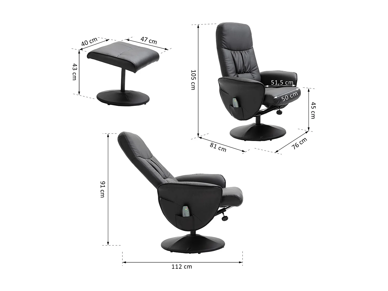 Relaxsessel avec Hocker, Massagesessel 10 points de vibration, 360° pivotant, simili cuir noir (76x81x105 cm)