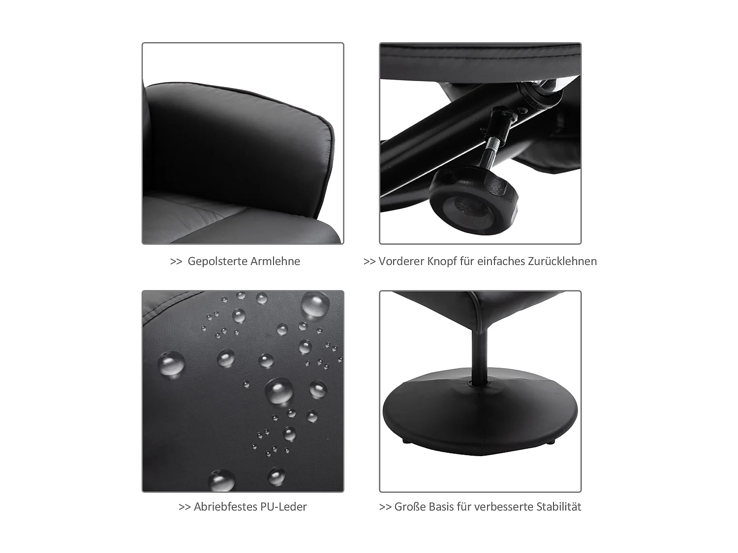 Relaxsessel avec Hocker, Massagesessel 10 points de vibration, 360° pivotant, simili cuir noir (76x81x105 cm)