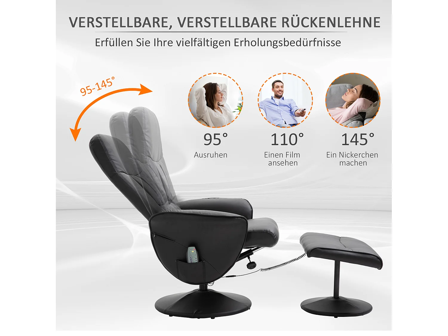 Relaxsessel avec Hocker, Massagesessel 10 points de vibration, 360° pivotant, simili cuir noir (76x81x105 cm)