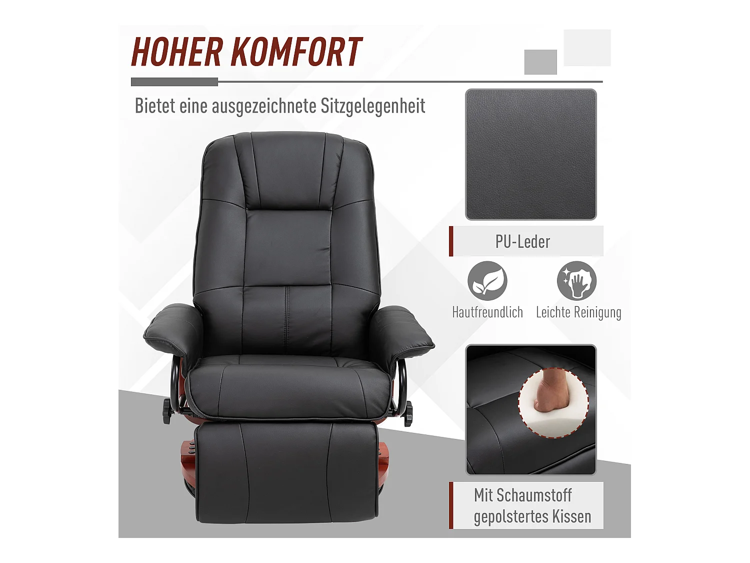 Fauteuil pivotant avec repose-pieds, fonction inclinable, cuir synthétique, noir (78x87x100 cm)