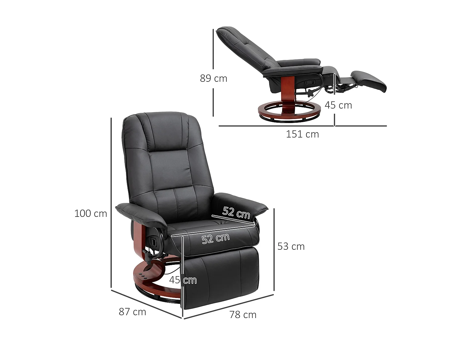 Fauteuil pivotant avec repose-pieds, fonction inclinable, cuir synthétique, noir (78x87x100 cm)