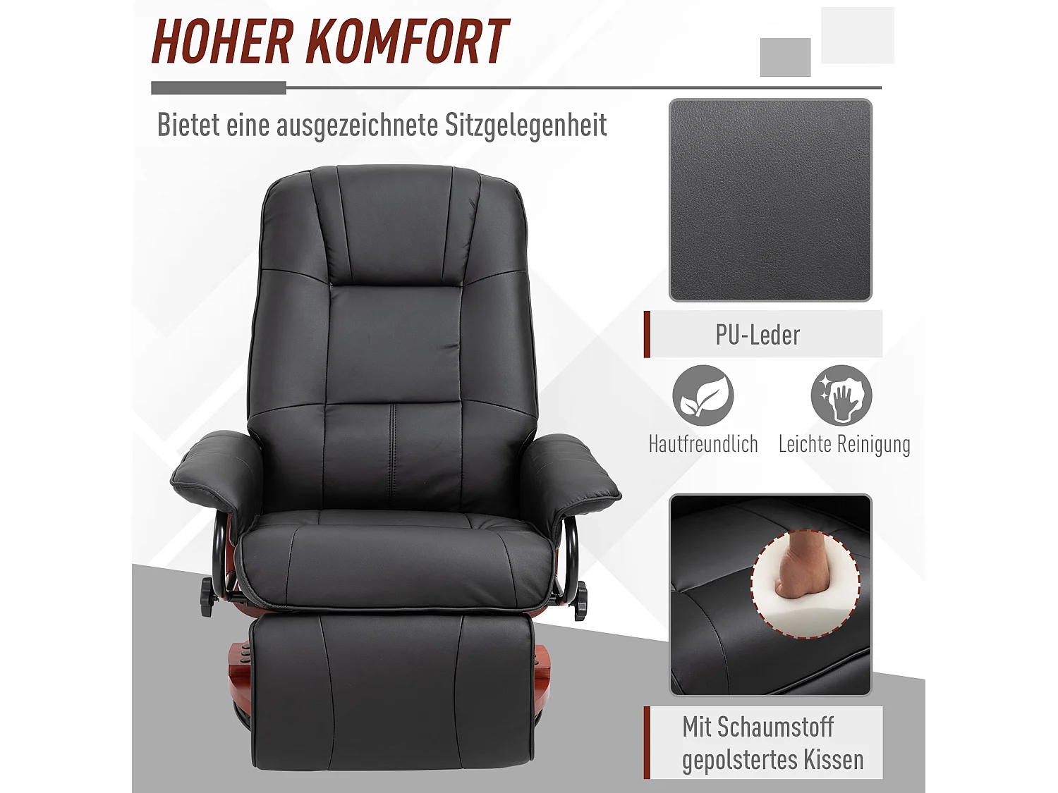 Fauteuil pivotant avec repose-pieds, fonction inclinable, cuir synthétique, noir (78x87x100 cm)